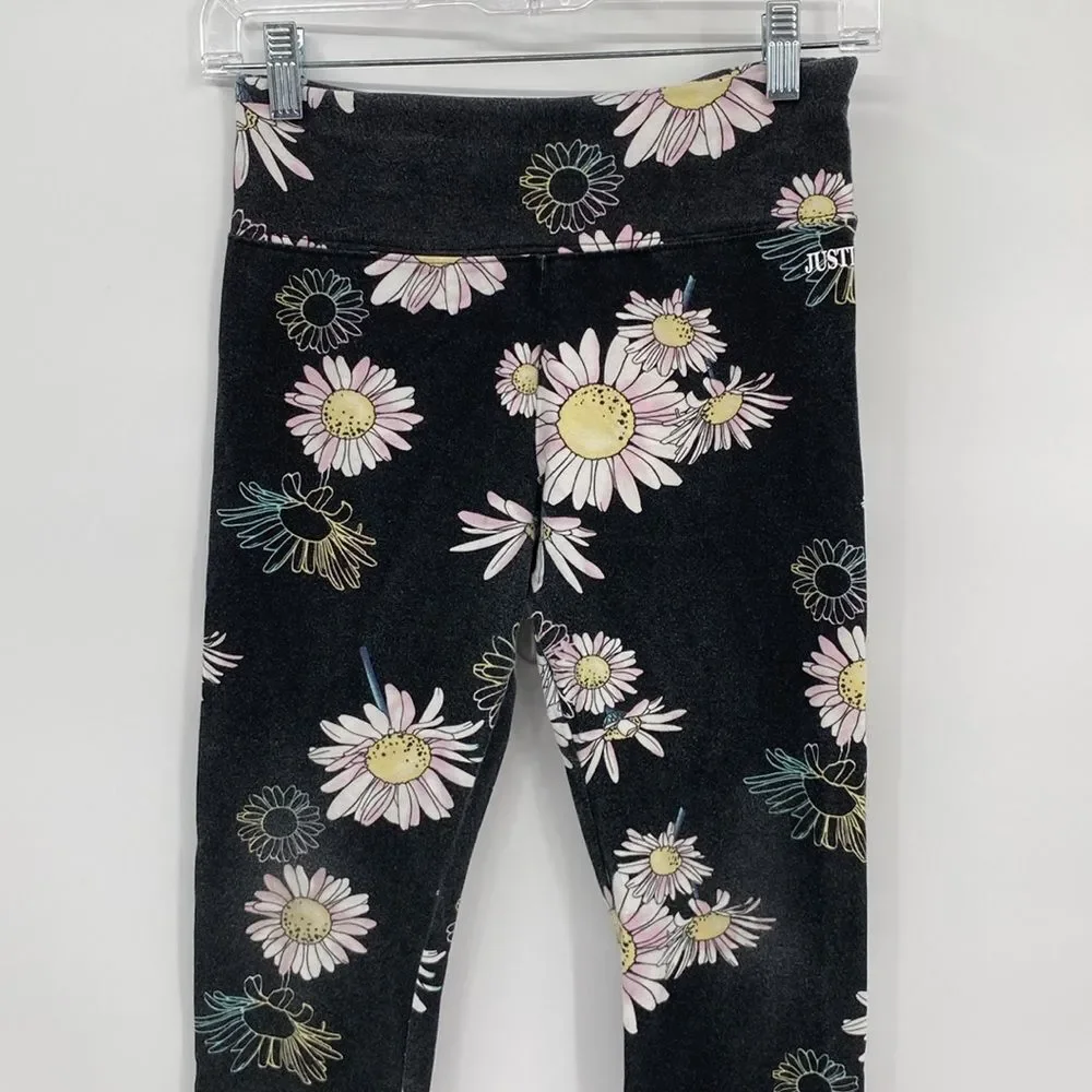 Justice Black Floral White Daisy Elastic Waist Leggings XL 16/18